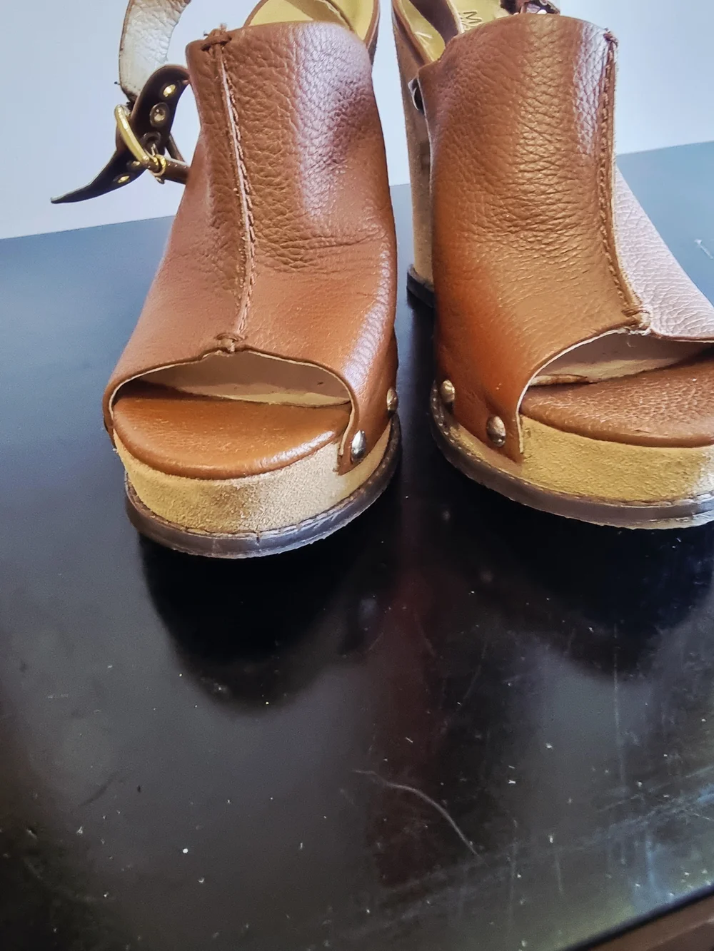 Michael Kors Brown Leather and Suede Wedge Sandals with Stud Accents